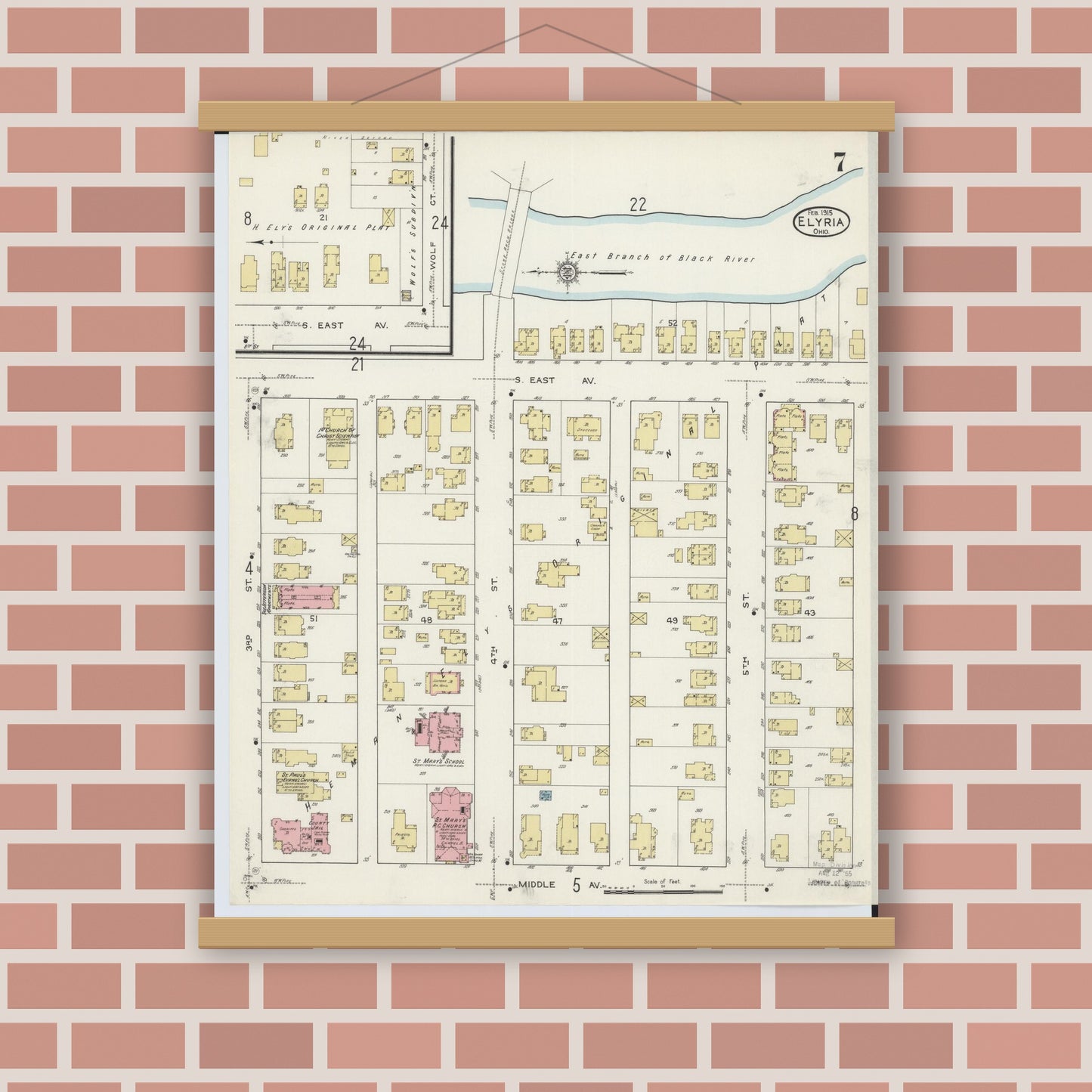 Old map wall art mockup — magnetic wood frame on brick wall — Sanborn Fire Insurance Map from Elyria, Lorain County, Ohio (1915), Sheet #0007