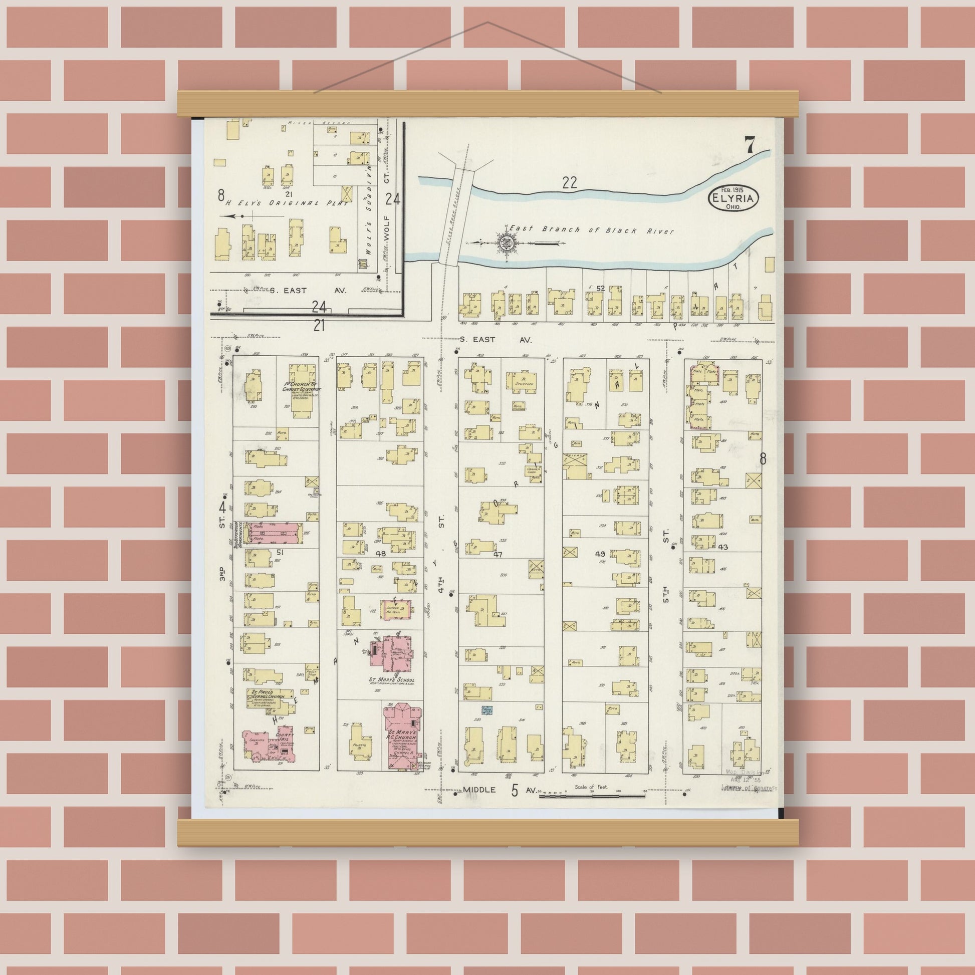 Old map wall art mockup — magnetic wood frame on brick wall — Sanborn Fire Insurance Map from Elyria, Lorain County, Ohio (1915), Sheet #0007