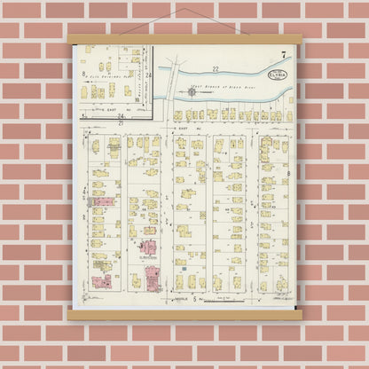 Old map wall art mockup — magnetic wood frame on brick wall — Sanborn Fire Insurance Map from Elyria, Lorain County, Ohio (1915), Sheet #0007