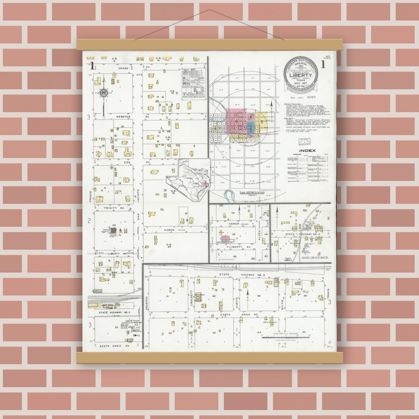 Old map wall art mockup — magnetic wood frame on brick wall — Sanborn Fire Insurance Map from Liberty, Liberty County, Texas (1927) - Complete Map Set