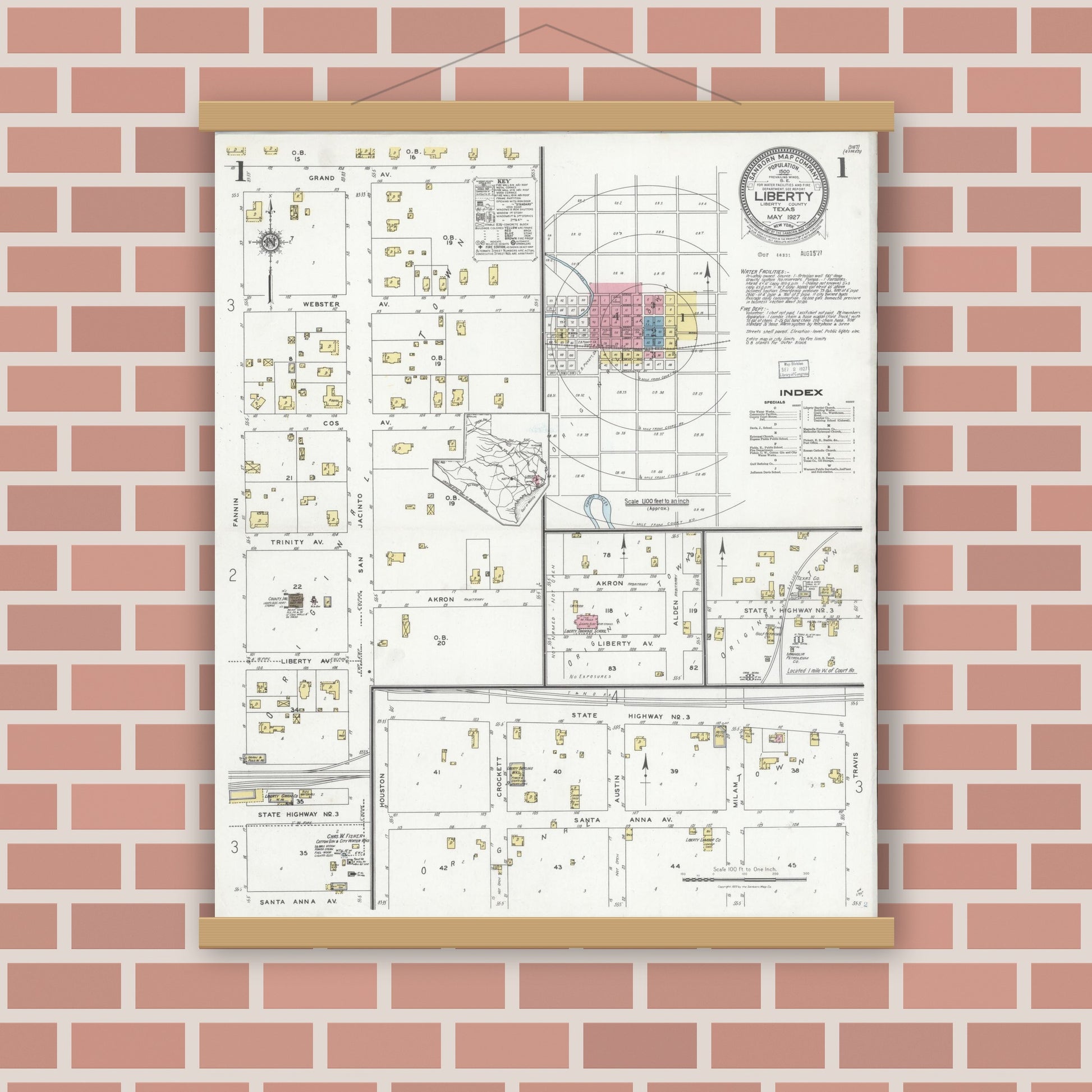 Old map wall art mockup — magnetic wood frame on brick wall — Sanborn Fire Insurance Map from Liberty, Liberty County, Texas (1927) - Complete Map Set