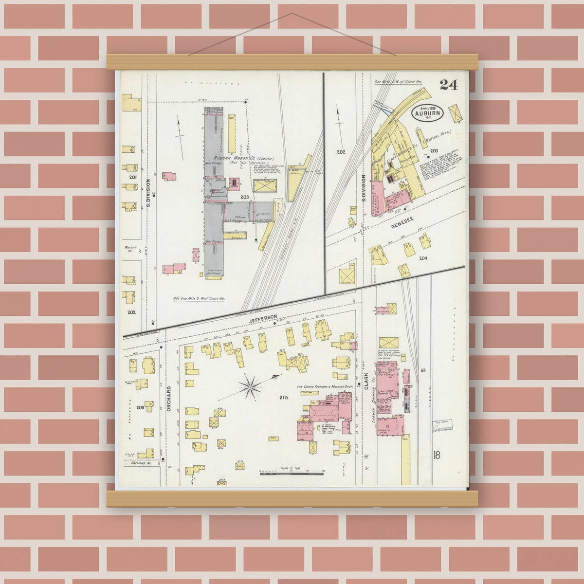 Old map wall art mockup — magnetic wood frame on brick wall — Sanborn Fire Insurance Map from Auburn, Cayuga County, New York (1898), Sheet #0024
