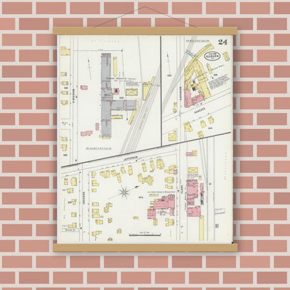 Old map wall art mockup — magnetic wood frame on brick wall — Sanborn Fire Insurance Map from Auburn, Cayuga County, New York (1898), Sheet #0024