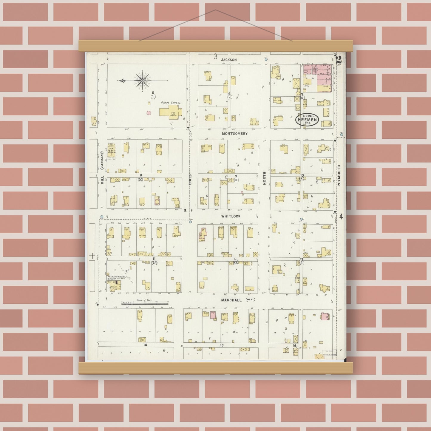 Old map wall art mockup — magnetic wood frame on brick wall — Sanborn Fire Insurance Map from Bremen, Marshall County, Indiana (1898), Sheet #0002