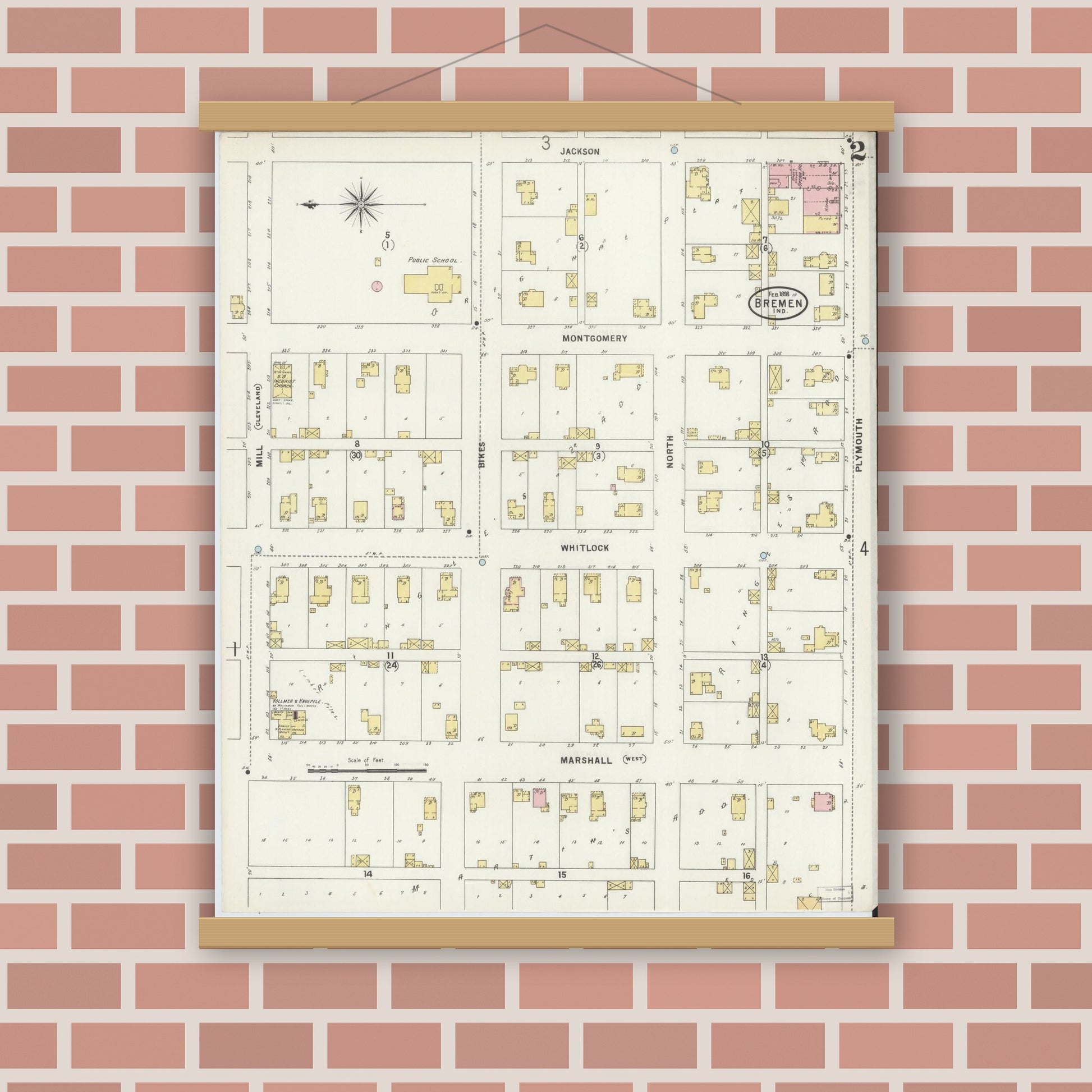 Old map wall art mockup — magnetic wood frame on brick wall — Sanborn Fire Insurance Map from Bremen, Marshall County, Indiana (1898), Sheet #0002