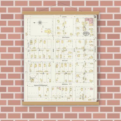Old map wall art mockup — magnetic wood frame on brick wall — Sanborn Fire Insurance Map from Bremen, Marshall County, Indiana (1898), Sheet #0002