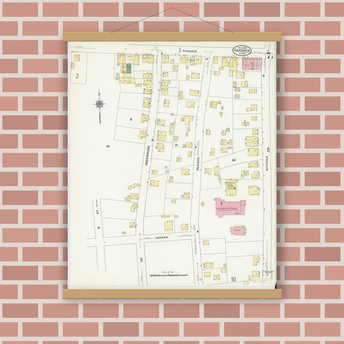 Old map wall art mockup — magnetic wood frame on brick wall — Sanborn Fire Insurance Map from Gardner, Worcester County, Massachusetts (1909), Sheet #0007