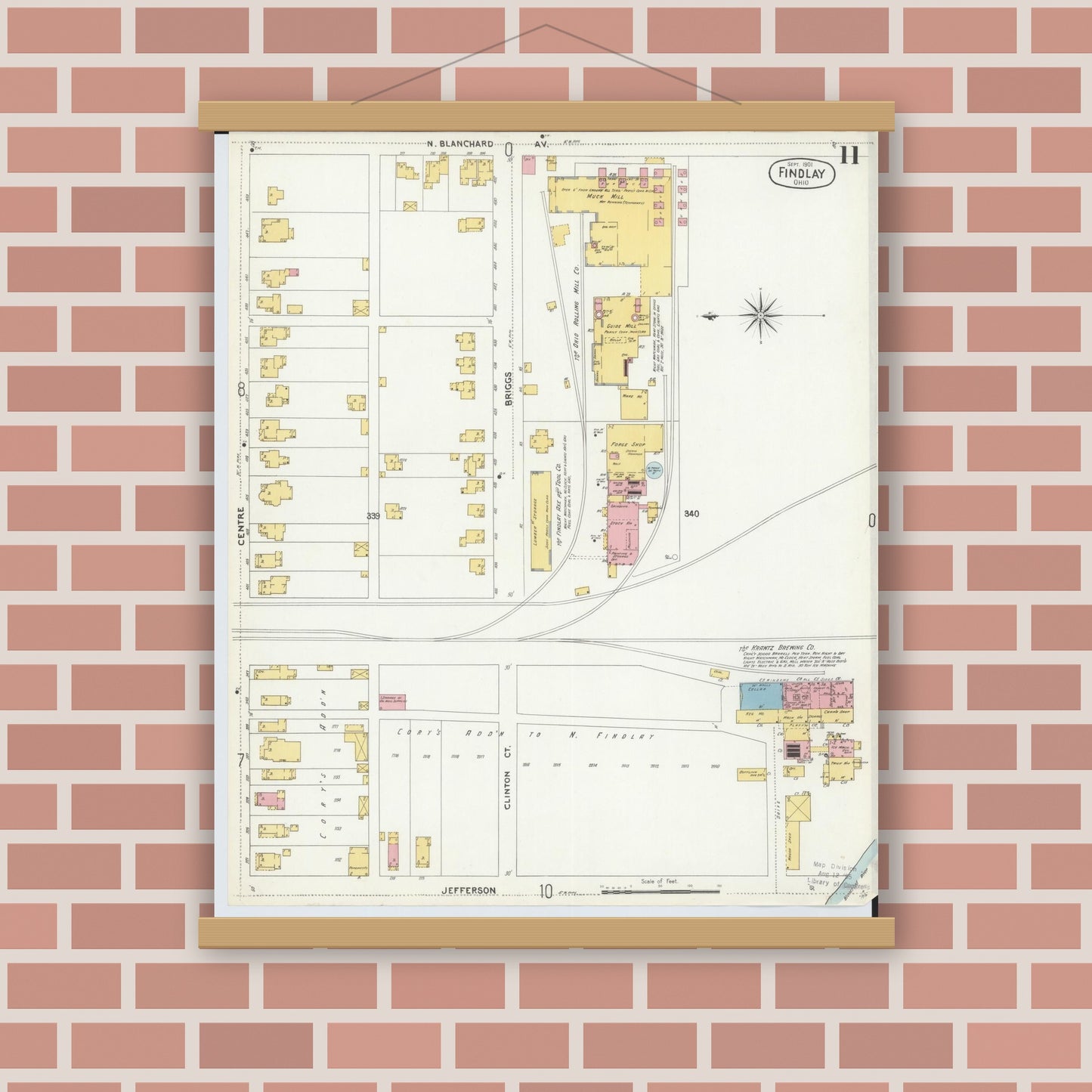 Old map wall art mockup — magnetic wood frame on brick wall — Sanborn Fire Insurance Map from Findlay, Hancock County, Ohio (1901), Sheet #0011