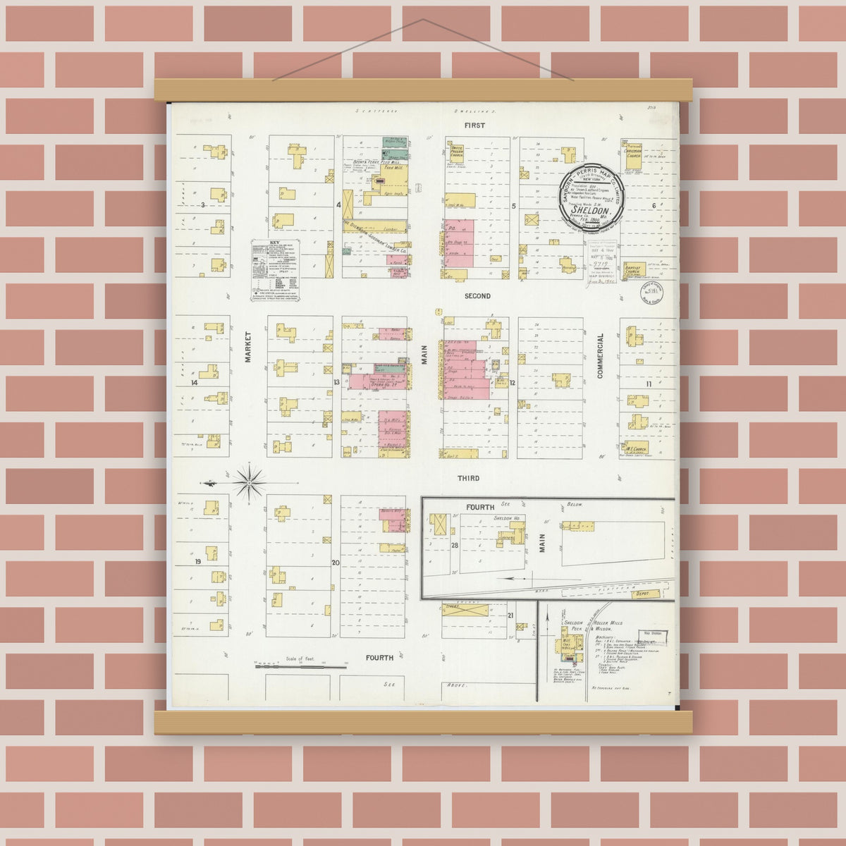 Old map wall art mockup — magnetic wood frame on brick wall — Sanborn Fire Insurance Map from Sheldon, Vernon County, Missouri (1900), Sheet #0001