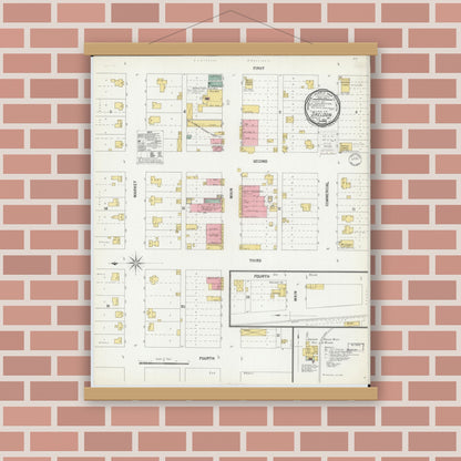 Old map wall art mockup — magnetic wood frame on brick wall — Sanborn Fire Insurance Map from Sheldon, Vernon County, Missouri (1900), Sheet #0001