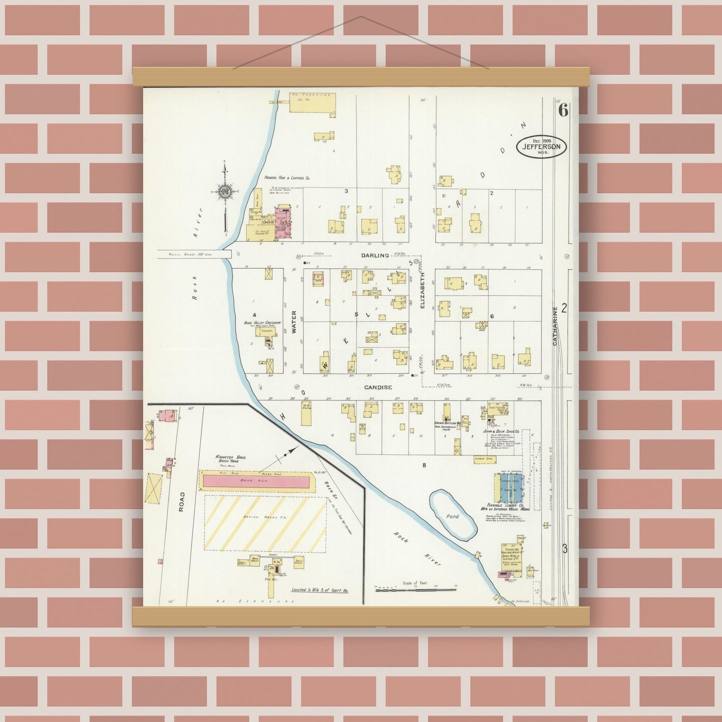 Old map wall art mockup — magnetic wood frame on brick wall — Sanborn Fire Insurance Map from Jefferson, Jefferson County, Wisconsin (1909), Sheet #0006