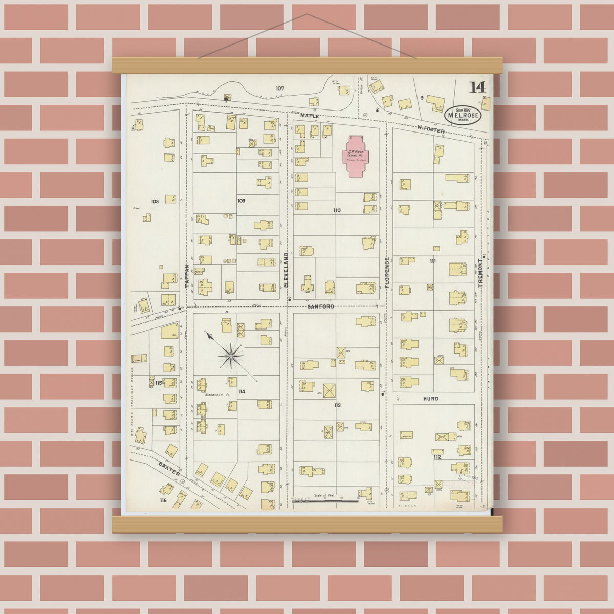 Old map wall art mockup — magnetic wood frame on brick wall — Sanborn Fire Insurance Map from Melrose, Middlesex County, Massachusetts (1897), Sheet #0014