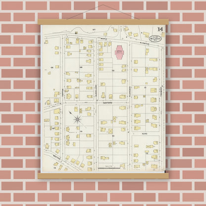 Old map wall art mockup — magnetic wood frame on brick wall — Sanborn Fire Insurance Map from Melrose, Middlesex County, Massachusetts (1897), Sheet #0014