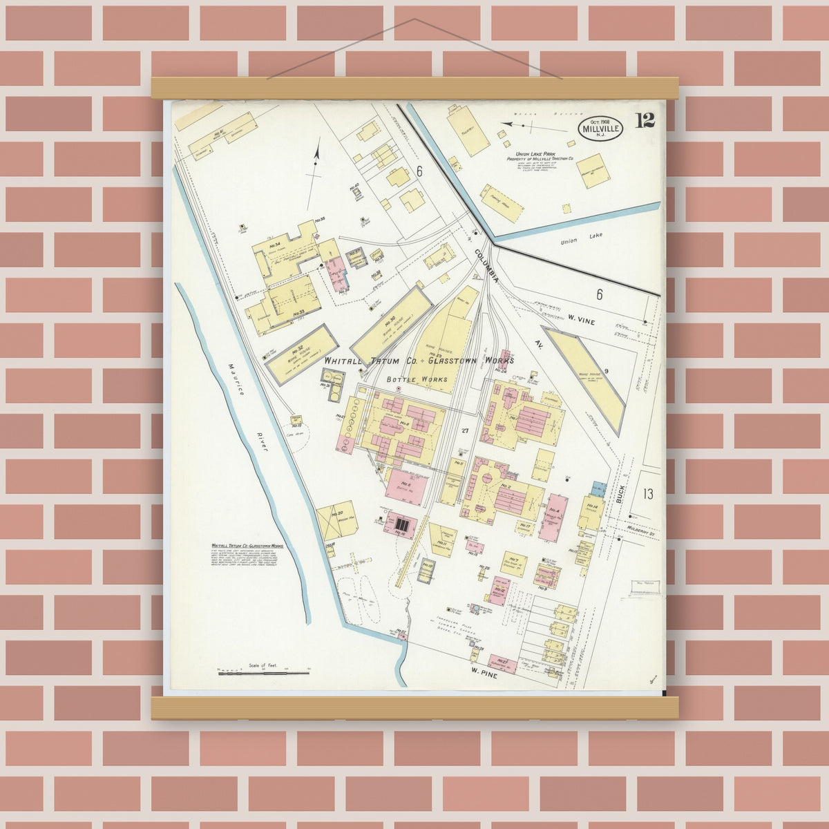 Old map wall art mockup — magnetic wood frame on brick wall — Sanborn Fire Insurance Map from Millville, Cumberland County, New Jersey (1908), Sheet #0012