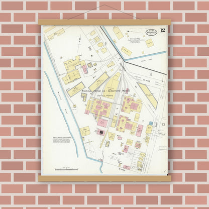 Old map wall art mockup — magnetic wood frame on brick wall — Sanborn Fire Insurance Map from Millville, Cumberland County, New Jersey (1908), Sheet #0012