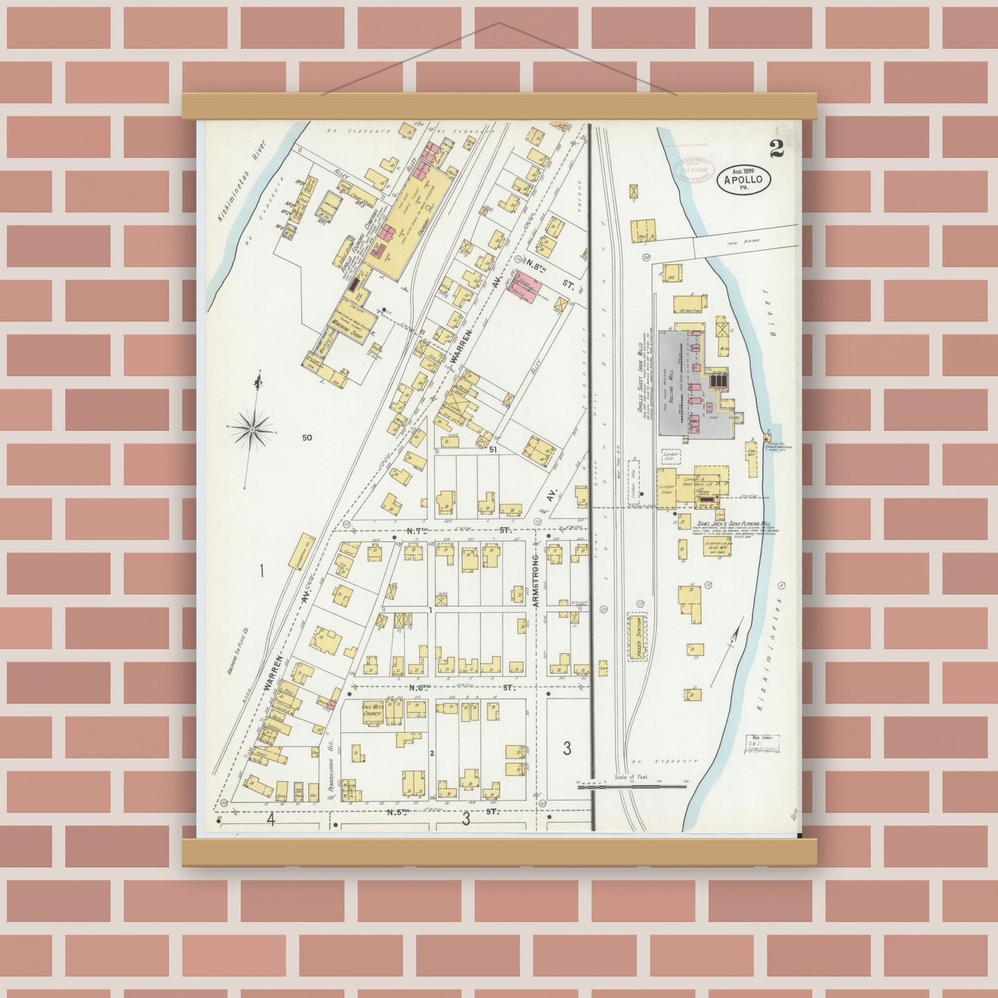 Old map wall art mockup — magnetic wood frame on brick wall — Sanborn Fire Insurance Map from Apollo, Armstrong County, Pennsylvania (1899), Sheet #0002
