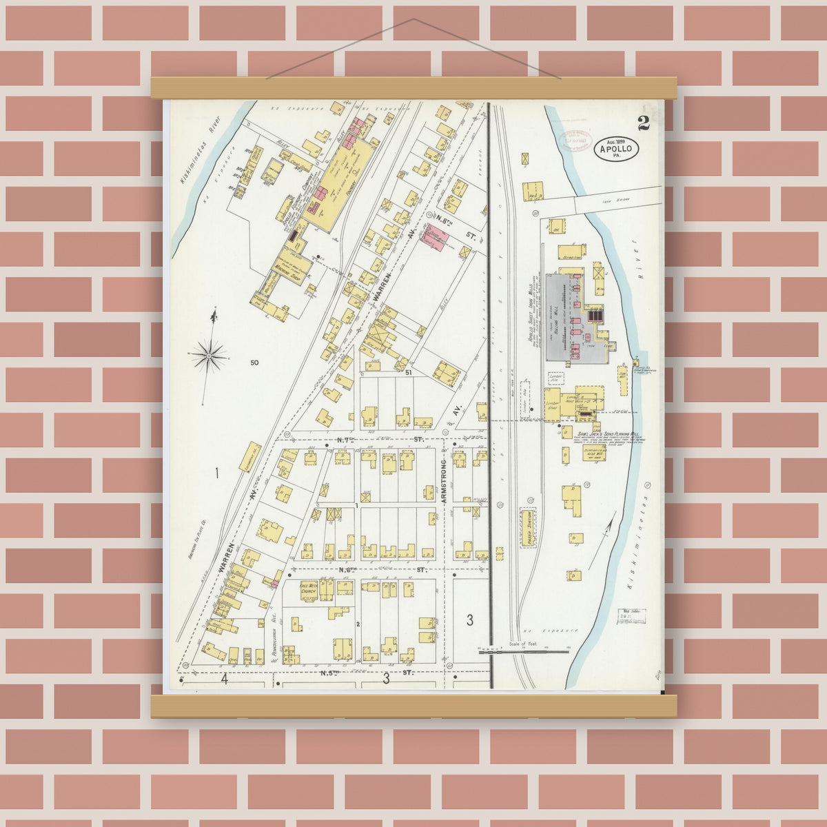 Old map wall art mockup — magnetic wood frame on brick wall — Sanborn Fire Insurance Map from Apollo, Armstrong County, Pennsylvania (1899), Sheet #0002