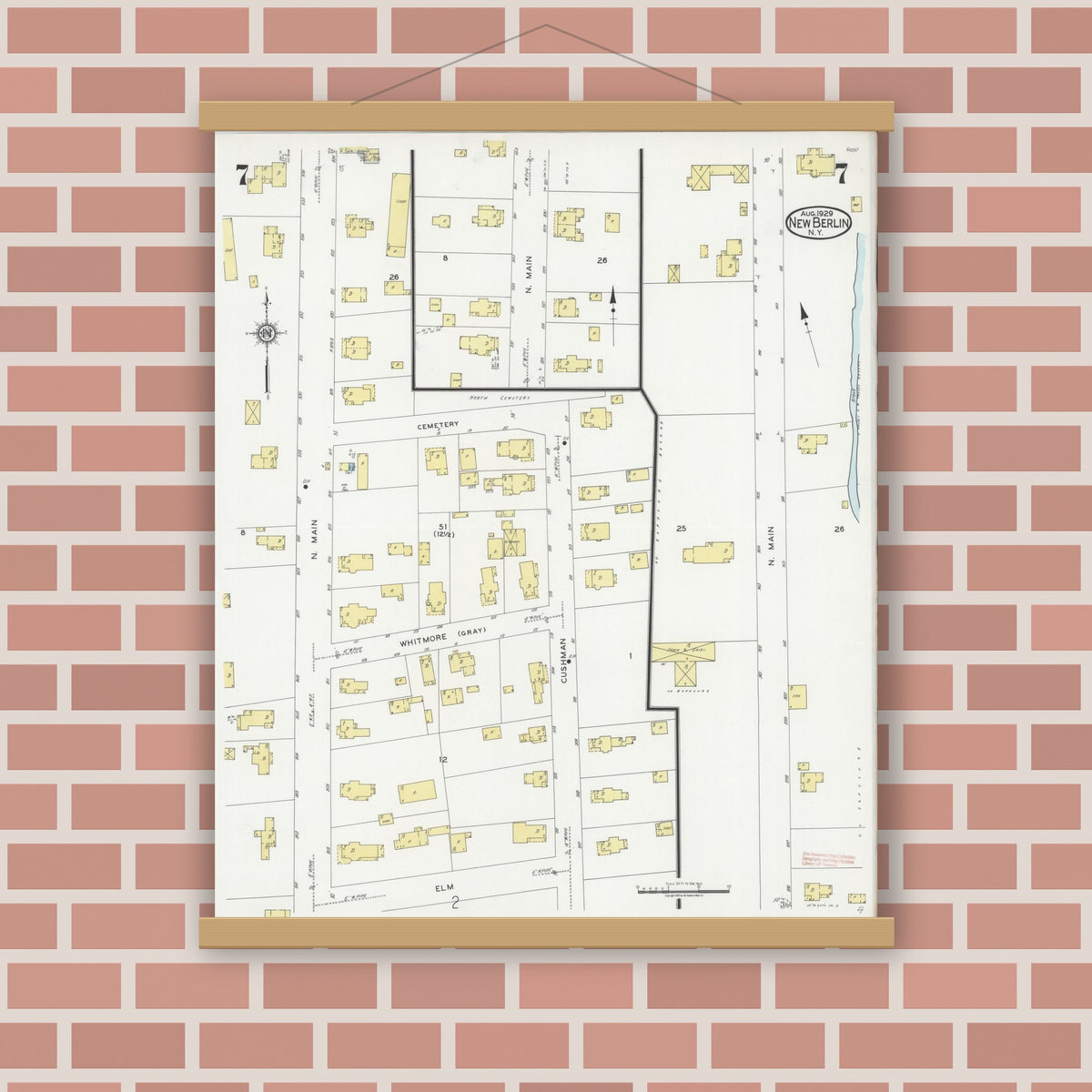 Old map wall art mockup — magnetic wood frame on brick wall — Sanborn Fire Insurance Map from New Berlin, Chenango County, New York (1929), Sheet #0007