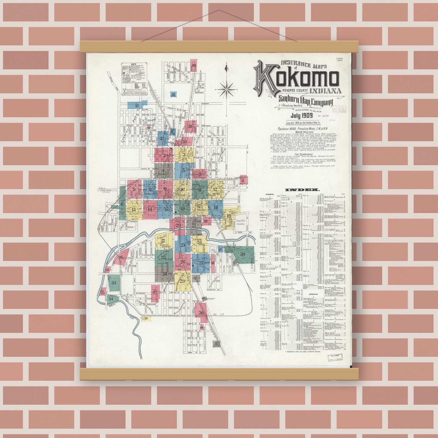 Old map wall art mockup — magnetic wood frame on brick wall — Sanborn Fire Insurance Map from Kokomo, Howard County, Indiana (1909) - Complete Map Set