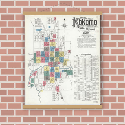 Old map wall art mockup — magnetic wood frame on brick wall — Sanborn Fire Insurance Map from Kokomo, Howard County, Indiana (1909) - Complete Map Set
