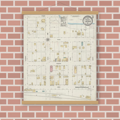 Old map wall art mockup — magnetic wood frame on brick wall — Sanborn Fire Insurance Map from Ladysmith, Rusk County, Wisconsin (1902), Sheet #0001