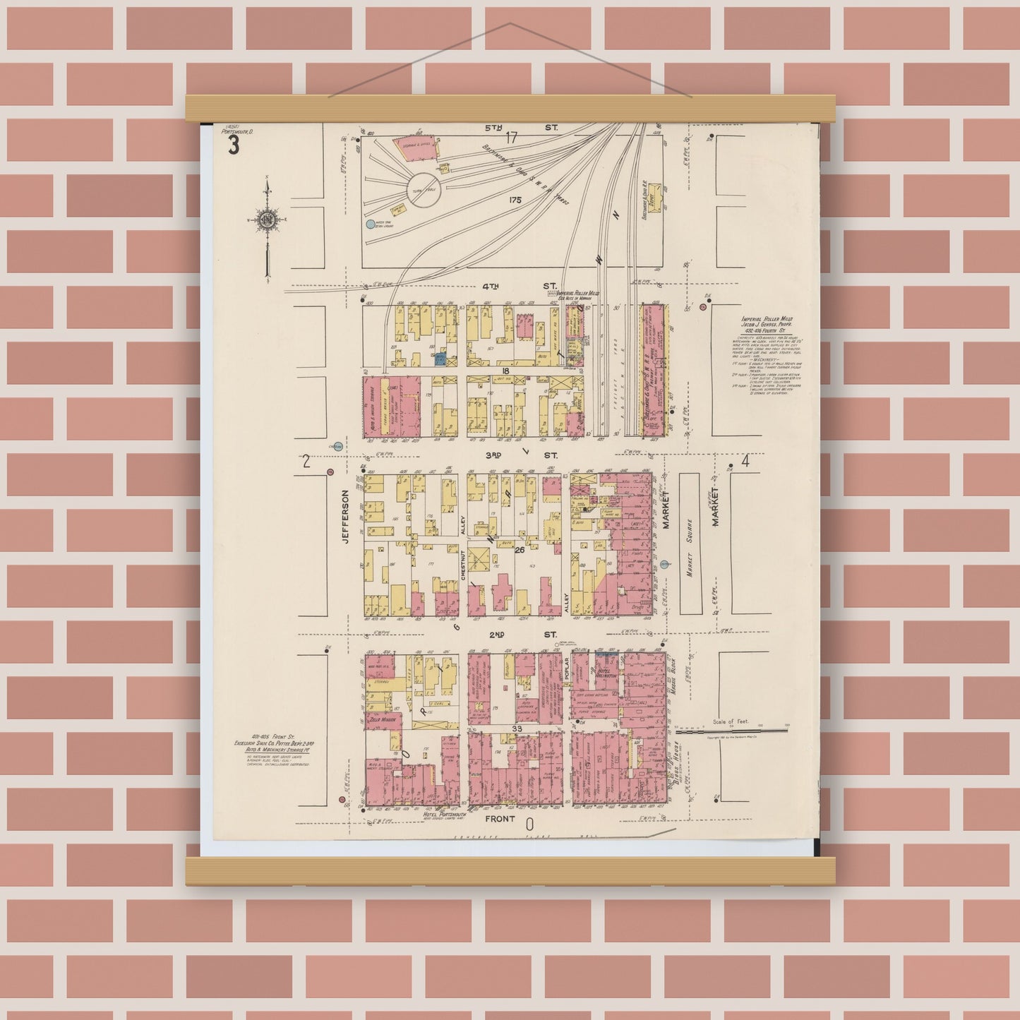 Old map wall art mockup — magnetic wood frame on brick wall — Sanborn Fire Insurance Map from Portsmouth, Scioto County, Ohio (1921), Sheet #0003