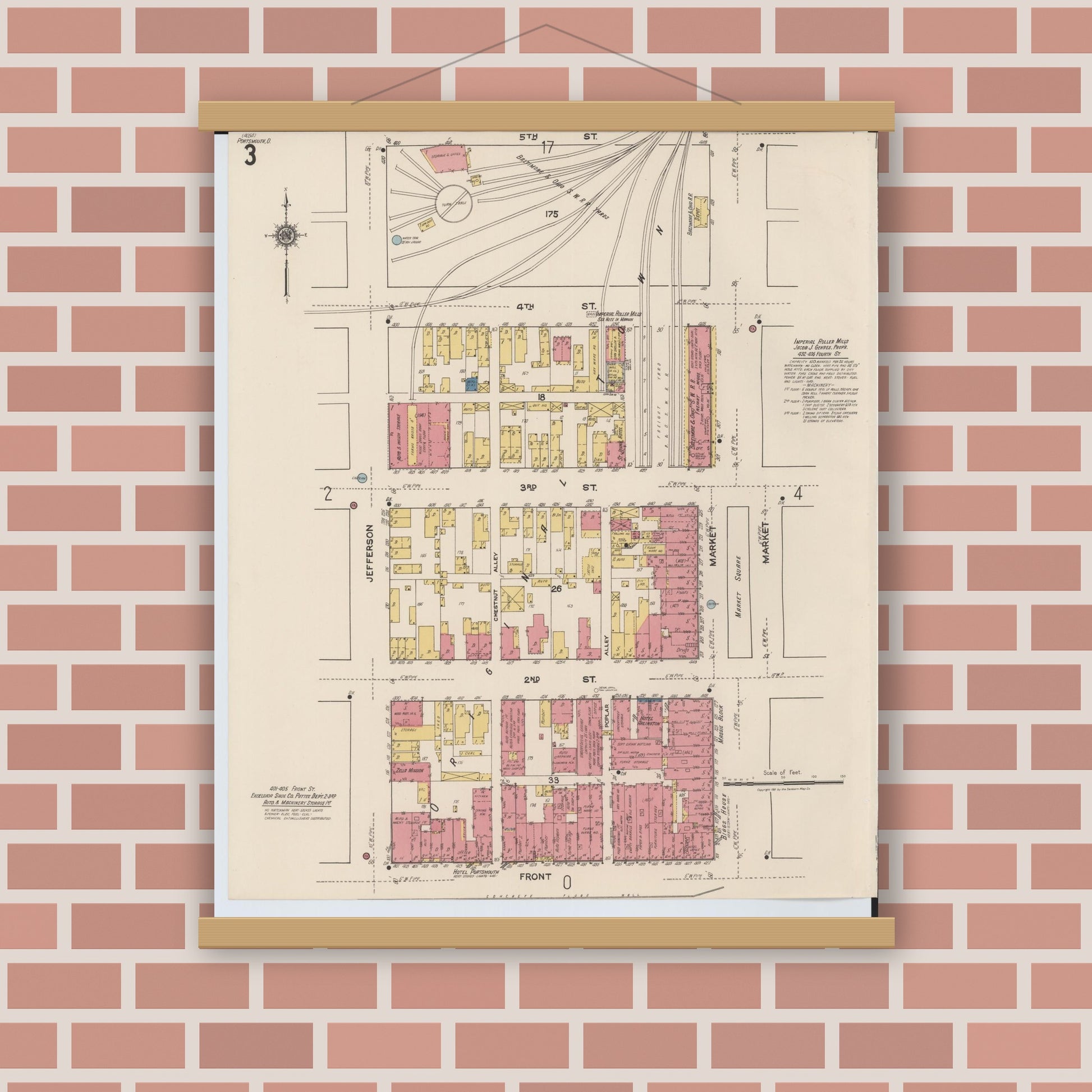 Old map wall art mockup — magnetic wood frame on brick wall — Sanborn Fire Insurance Map from Portsmouth, Scioto County, Ohio (1921), Sheet #0003