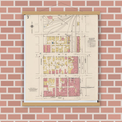 Old map wall art mockup — magnetic wood frame on brick wall — Sanborn Fire Insurance Map from Portsmouth, Scioto County, Ohio (1921), Sheet #0003