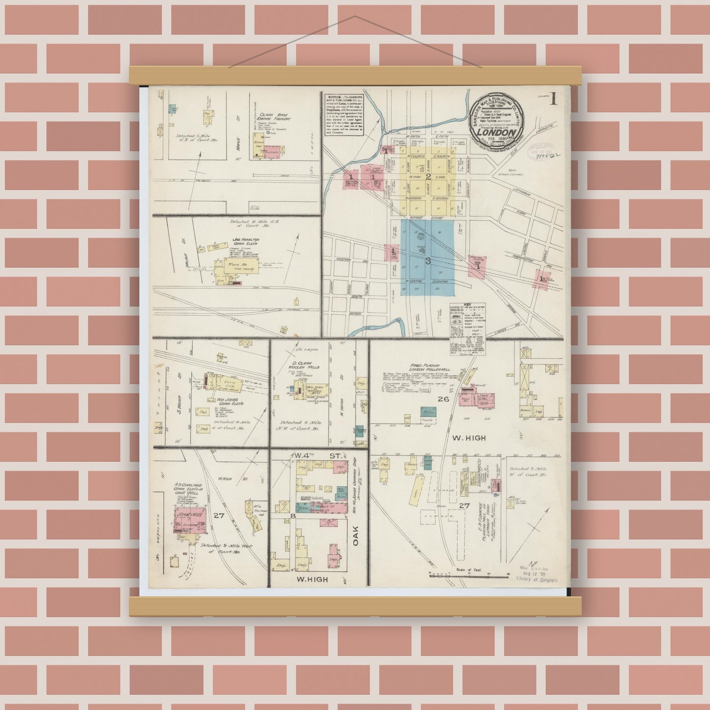Old map wall art mockup — magnetic wood frame on brick wall — Sanborn Fire Insurance Map from London, Madison County, Ohio (1885), Sheet #0001