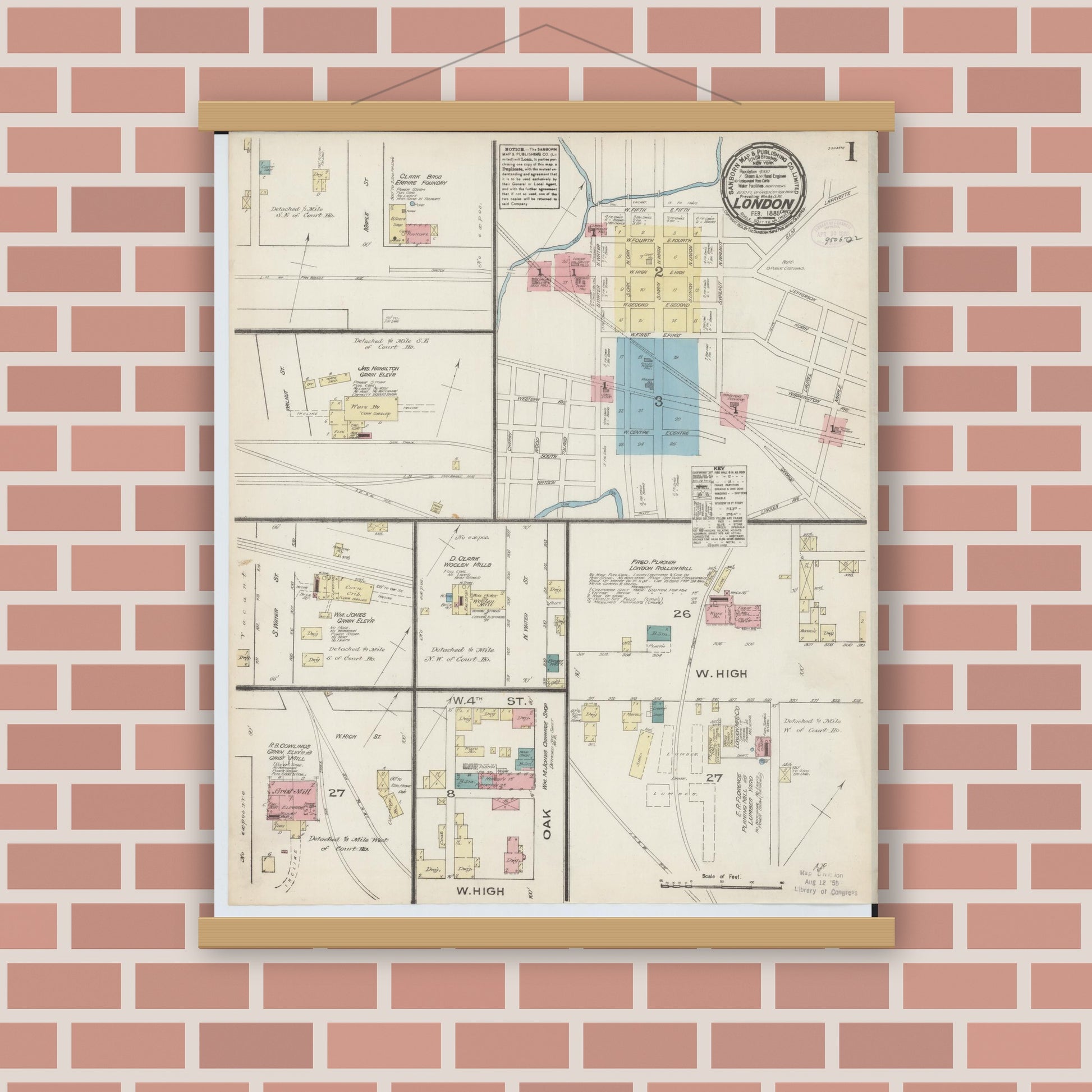 Old map wall art mockup — magnetic wood frame on brick wall — Sanborn Fire Insurance Map from London, Madison County, Ohio (1885), Sheet #0001