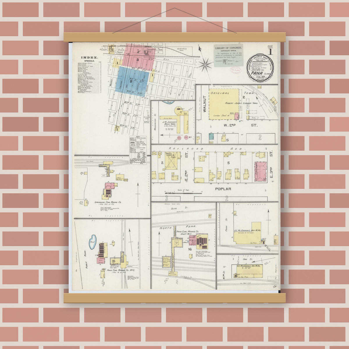 Old map wall art mockup — magnetic wood frame on brick wall — Sanborn Fire Insurance Map from Pana, Christian County, Illinois (1893), Sheet #0001