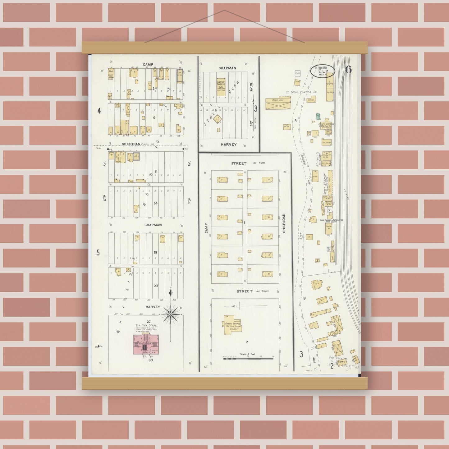 Old map wall art mockup — magnetic wood frame on brick wall — Sanborn Fire Insurance Map from Ely, Saint Louis County, Minnesota (1906), Sheet #0006