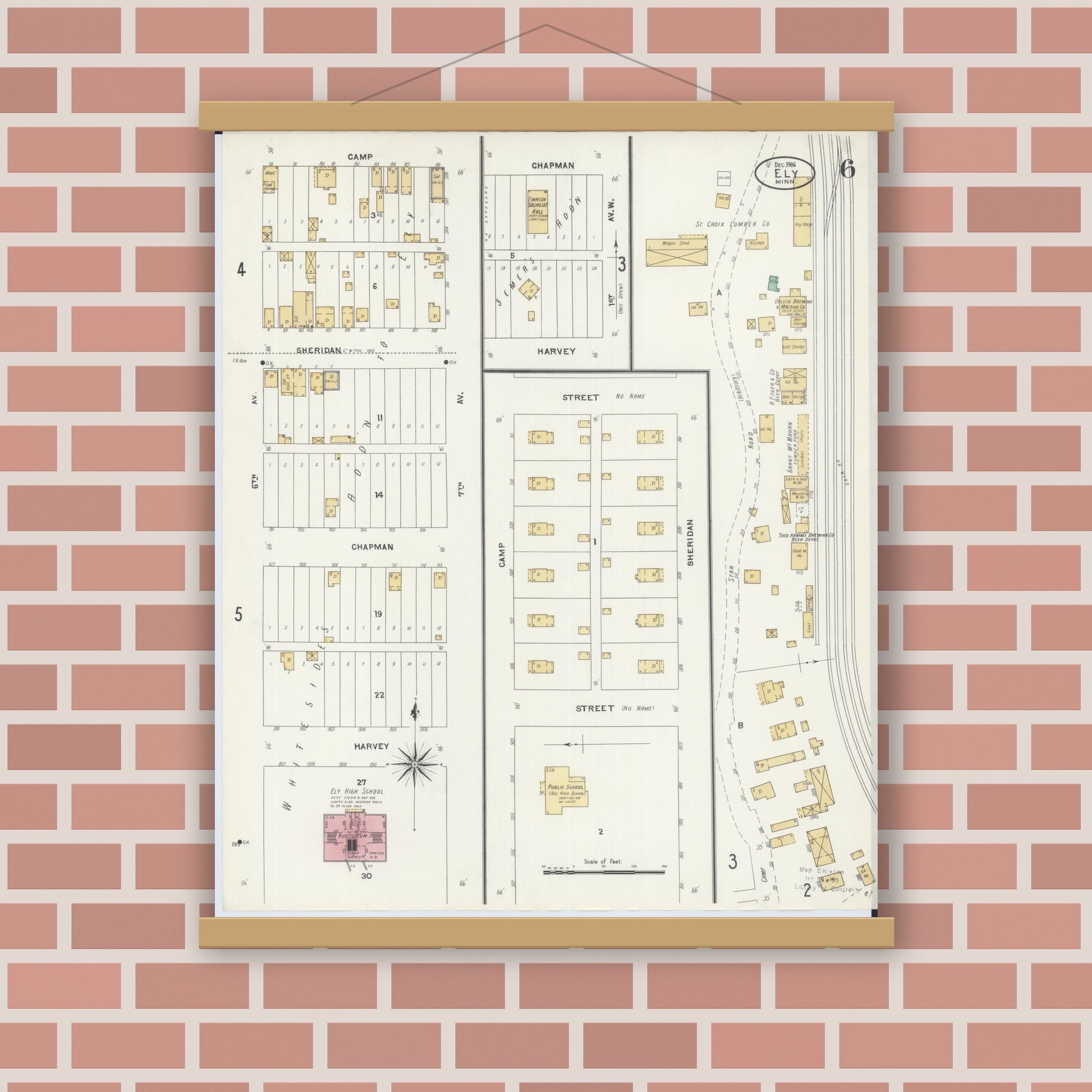 Old map wall art mockup — magnetic wood frame on brick wall — Sanborn Fire Insurance Map from Ely, Saint Louis County, Minnesota (1906), Sheet #0006