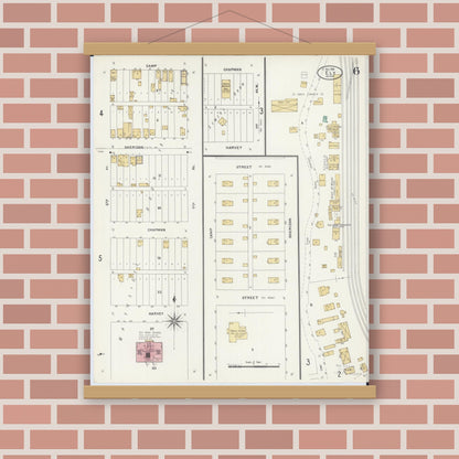 Old map wall art mockup — magnetic wood frame on brick wall — Sanborn Fire Insurance Map from Ely, Saint Louis County, Minnesota (1906), Sheet #0006