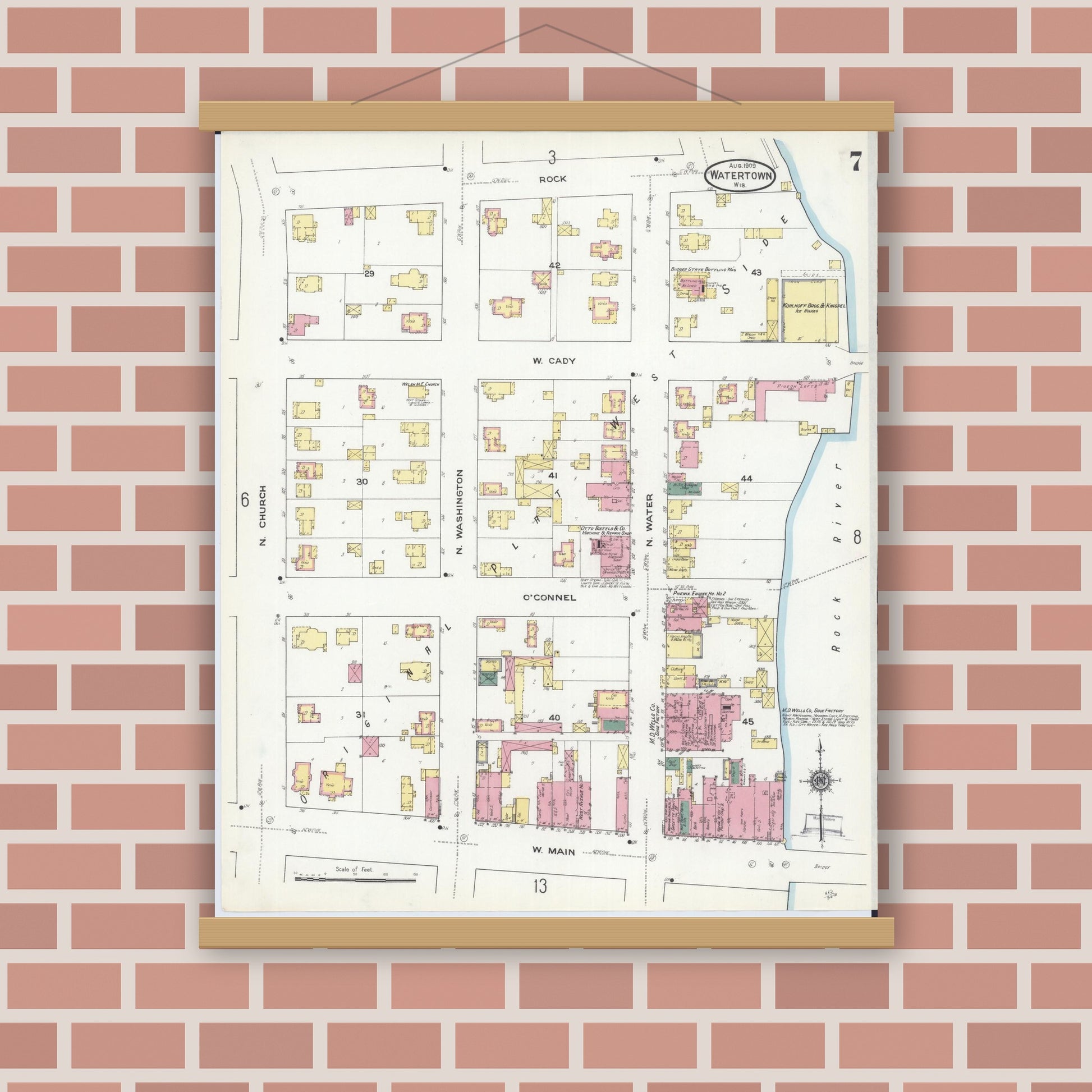 Old map wall art mockup — magnetic wood frame on brick wall — Sanborn Fire Insurance Map from Watertown, Jefferson County, Wisconsin (1909), Sheet #0007