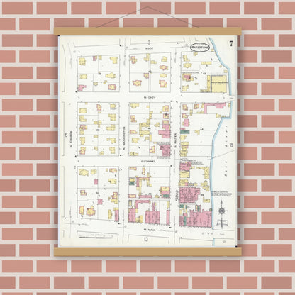 Old map wall art mockup — magnetic wood frame on brick wall — Sanborn Fire Insurance Map from Watertown, Jefferson County, Wisconsin (1909), Sheet #0007