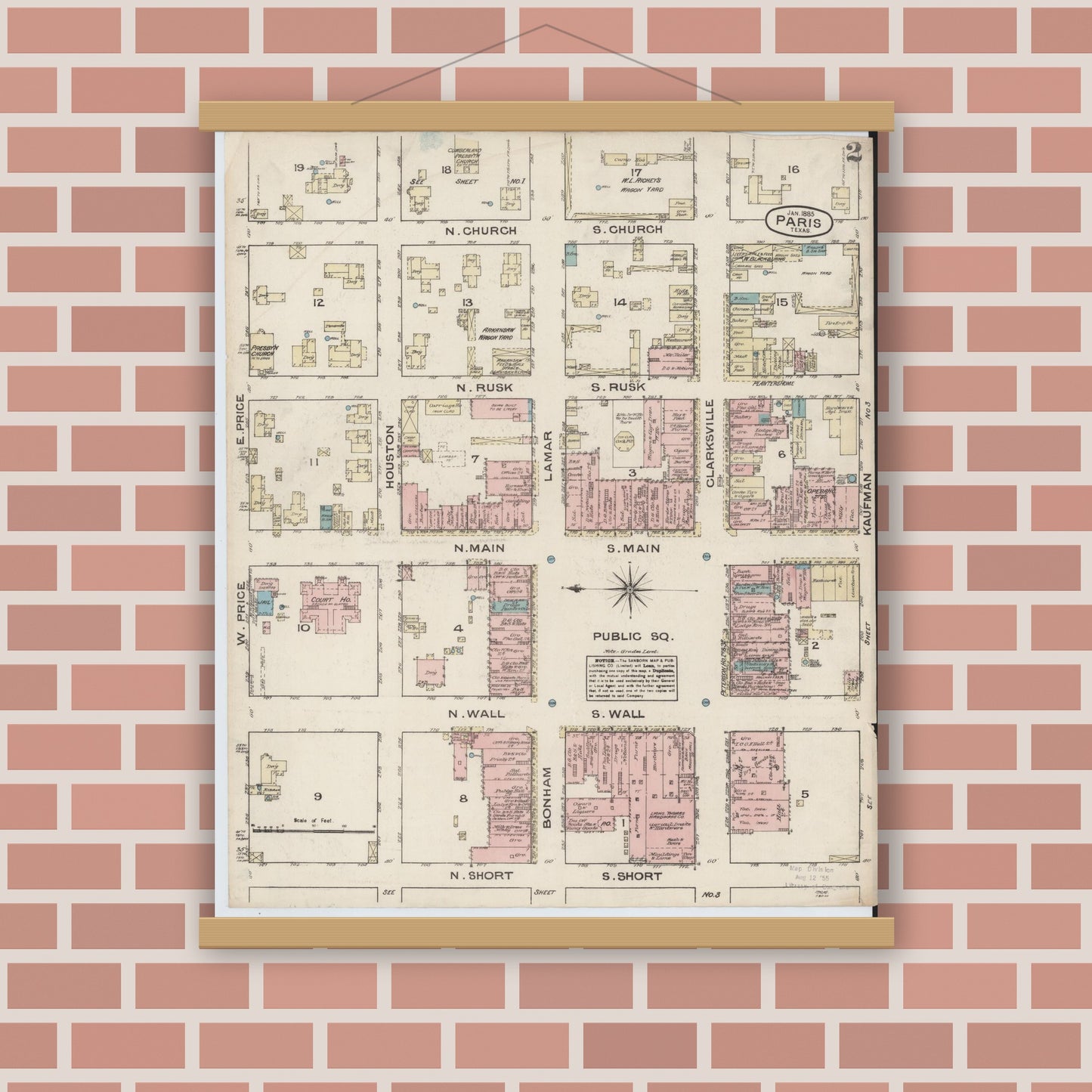 Old map wall art mockup — magnetic wood frame on brick wall — Sanborn Fire Insurance Map from Paris, Lamar County, Texas (1885), Sheet #0002