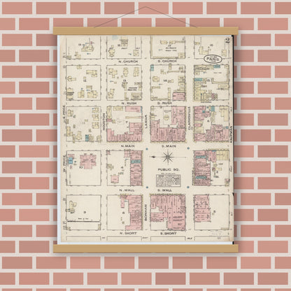 Old map wall art mockup — magnetic wood frame on brick wall — Sanborn Fire Insurance Map from Paris, Lamar County, Texas (1885), Sheet #0002