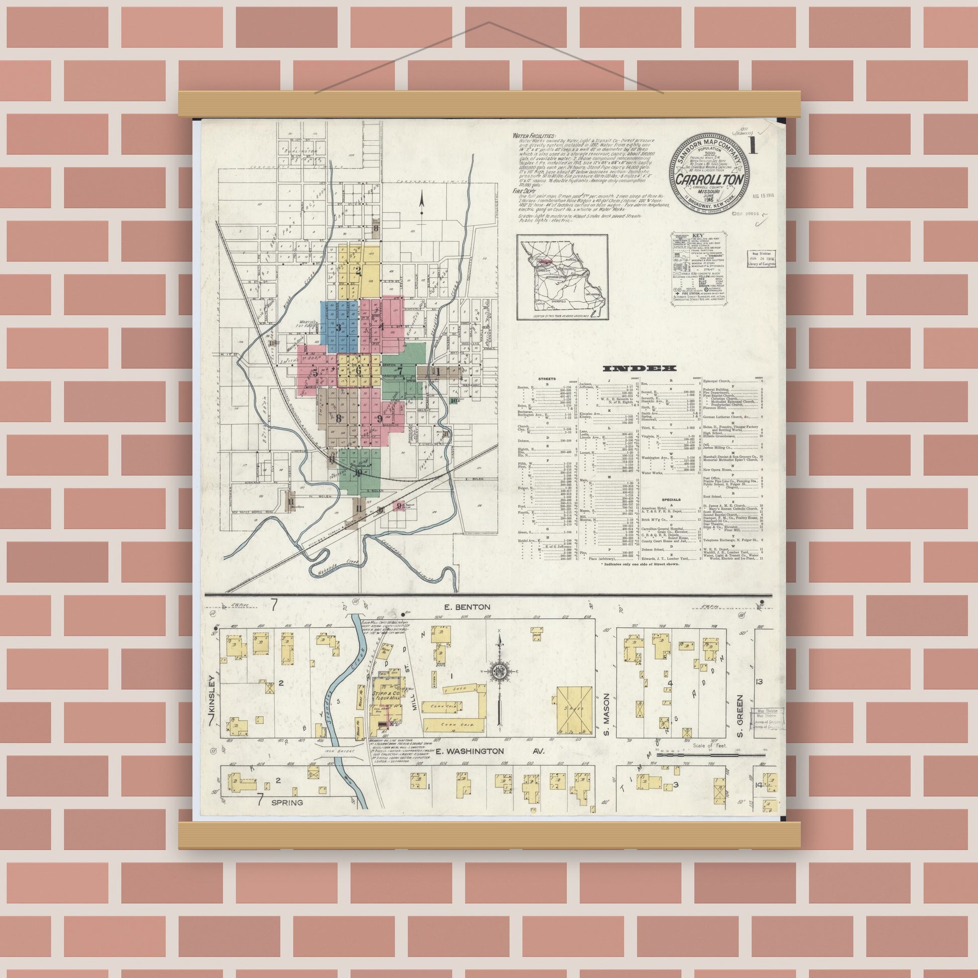 Old map wall art mockup — magnetic wood frame on brick wall — Sanborn Fire Insurance Map from Carrollton, Carroll County, Missouri (1916) - Complete Map Set