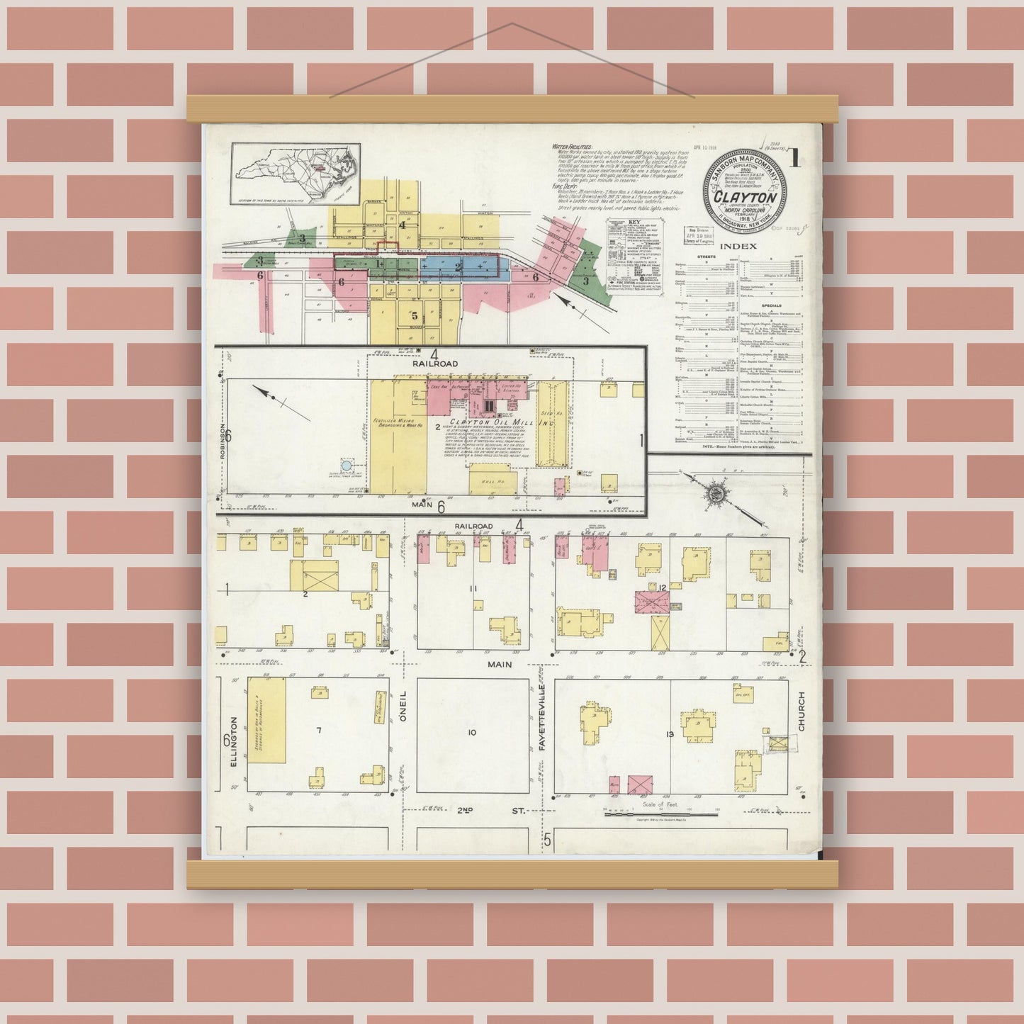 Old map wall art mockup — magnetic wood frame on brick wall — Sanborn Fire Insurance Map from Clayton, Johnston County, North Carolina (1918) - Complete Map Set