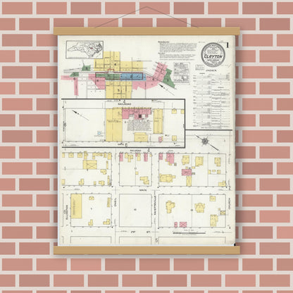 Old map wall art mockup — magnetic wood frame on brick wall — Sanborn Fire Insurance Map from Clayton, Johnston County, North Carolina (1918) - Complete Map Set