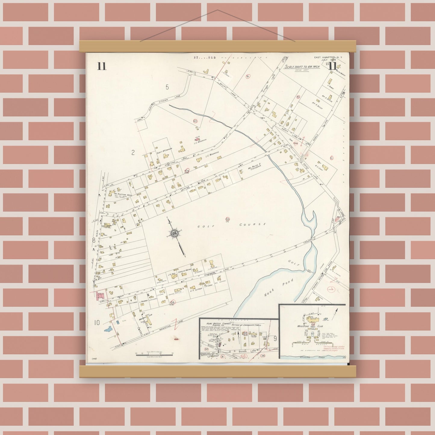 Old map wall art mockup — magnetic wood frame on brick wall — Sanborn Fire Insurance Map from Easthampton, Suffolk County, New York (1943), Sheet #0011