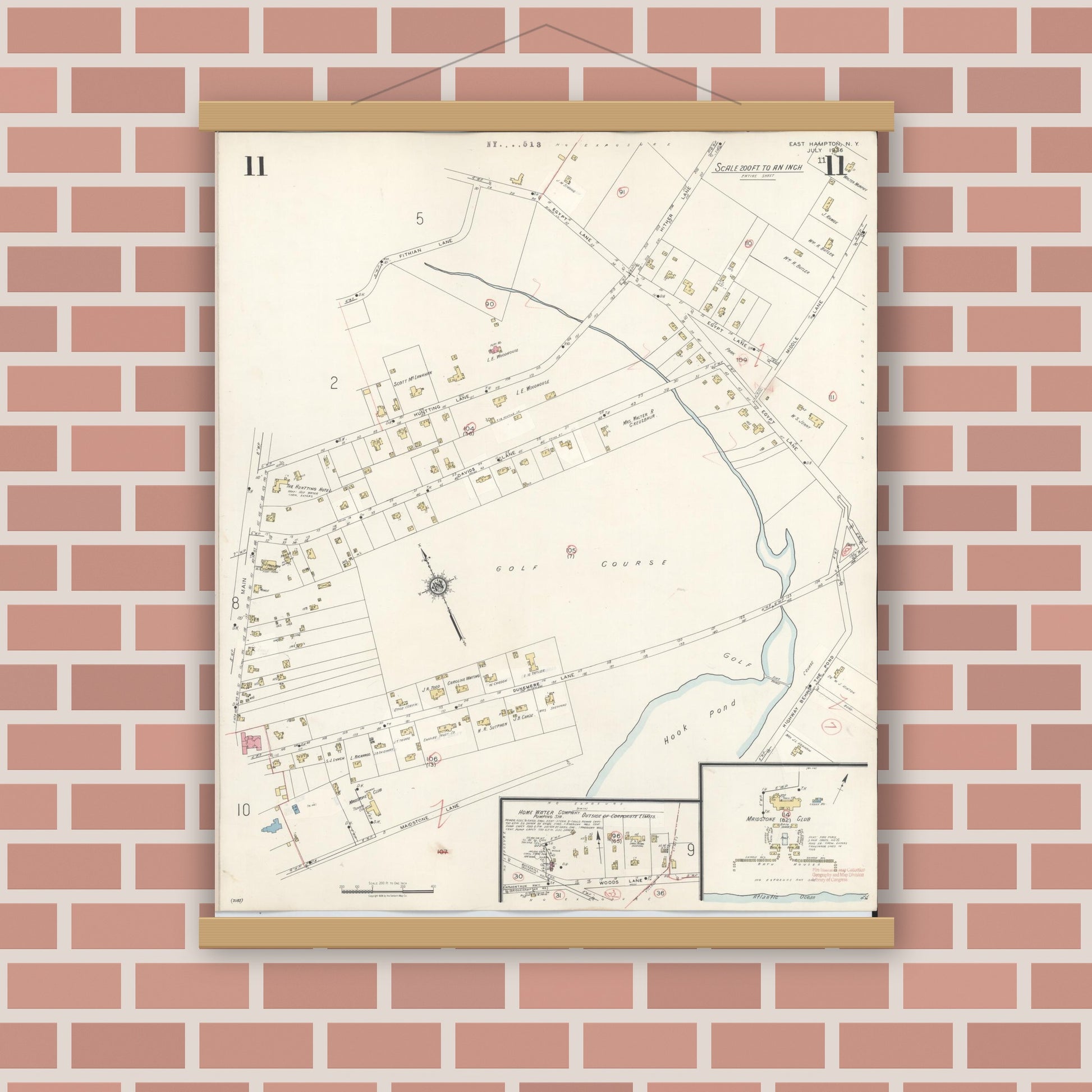 Old map wall art mockup — magnetic wood frame on brick wall — Sanborn Fire Insurance Map from Easthampton, Suffolk County, New York (1943), Sheet #0011
