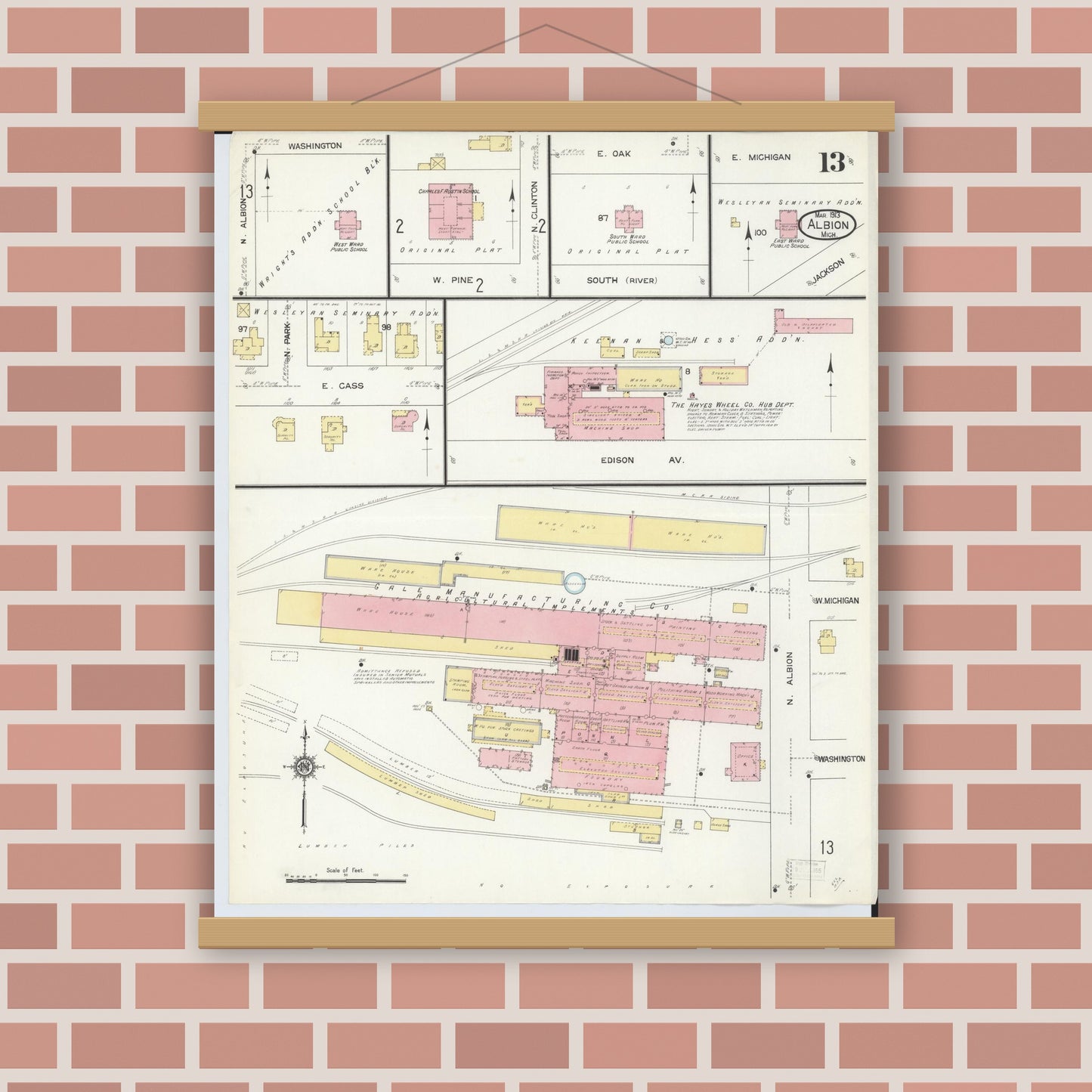 Old map wall art mockup — magnetic wood frame on brick wall — Sanborn Fire Insurance Map from Albion, Calhoun County, Michigan (1913), Sheet #0013