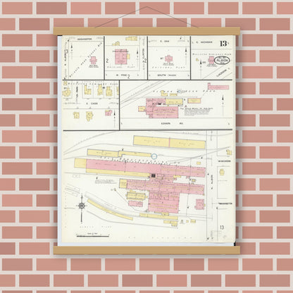 Old map wall art mockup — magnetic wood frame on brick wall — Sanborn Fire Insurance Map from Albion, Calhoun County, Michigan (1913), Sheet #0013