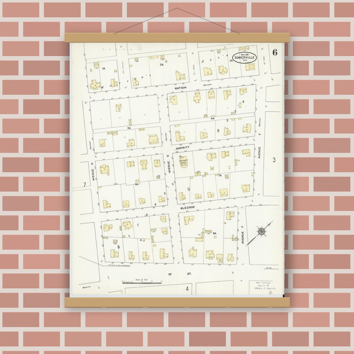 Old map wall art mockup — magnetic wood frame on brick wall — Sanborn Fire Insurance Map from Somerville, Burleson County, Texas (1910), Sheet #0006