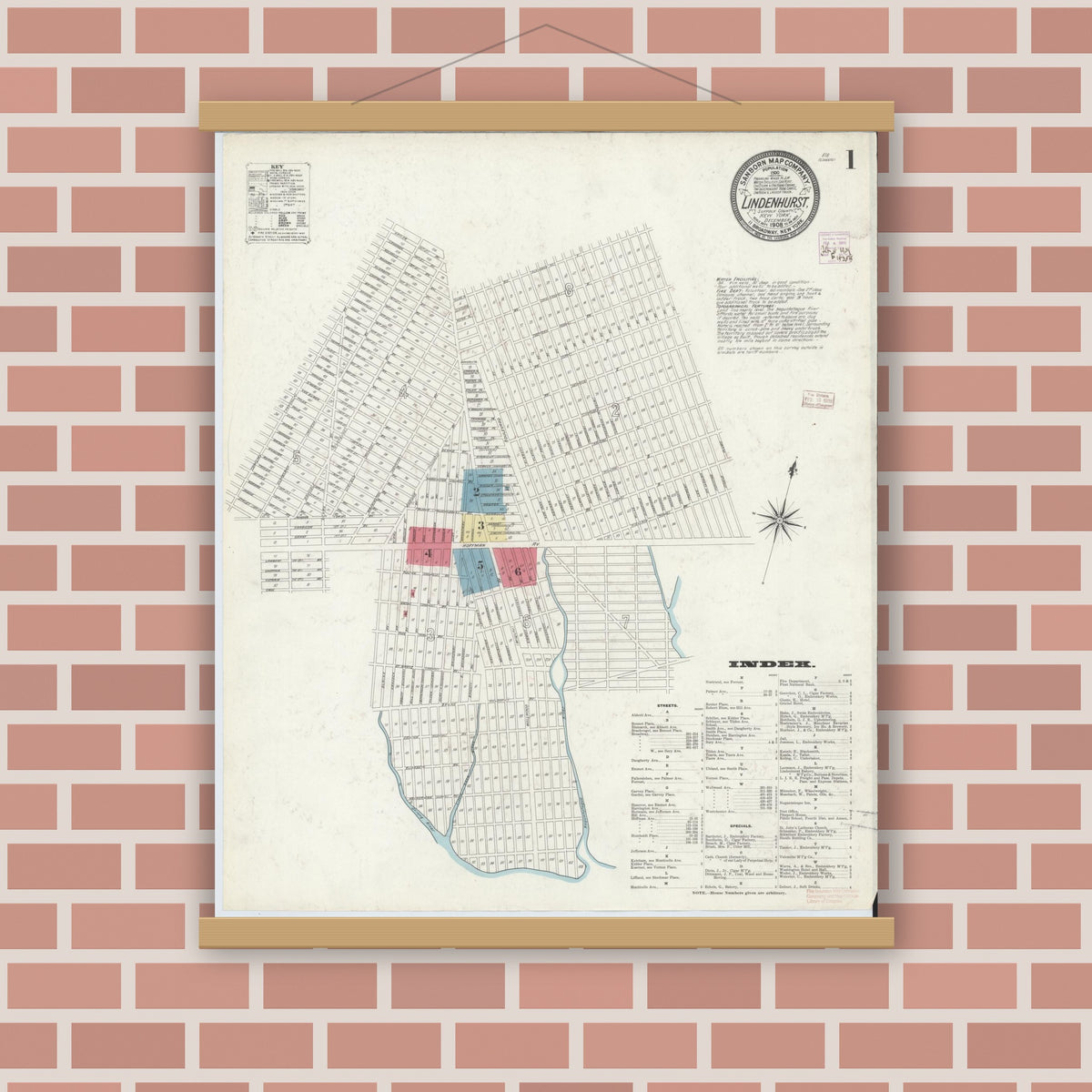 Old map wall art mockup — magnetic wood frame on brick wall — Sanborn Fire Insurance Map from Lindenhurst, Suffolk County, New York (1908) - Complete Map Set