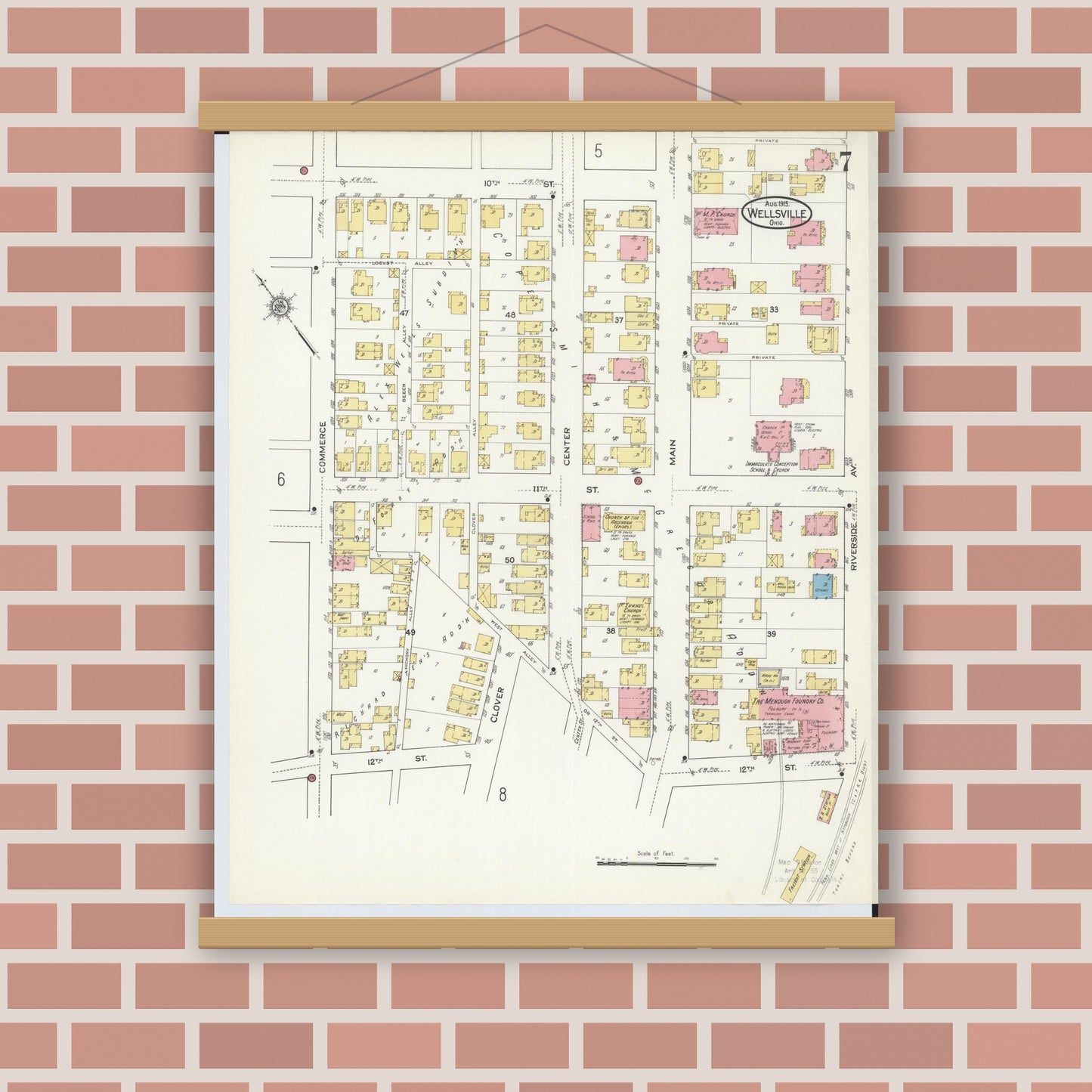 Old map wall art mockup — magnetic wood frame on brick wall — Sanborn Fire Insurance Map from Wellsville, Columbiana County, Ohio (1915), Sheet #0007