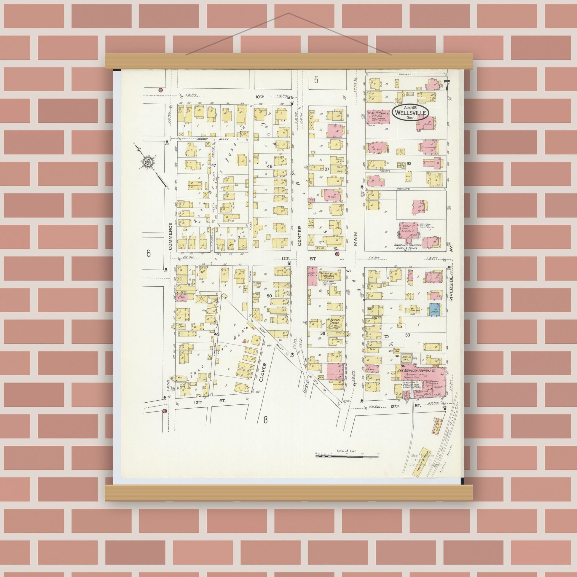 Old map wall art mockup — magnetic wood frame on brick wall — Sanborn Fire Insurance Map from Wellsville, Columbiana County, Ohio (1915), Sheet #0007