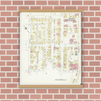Old map wall art mockup — magnetic wood frame on brick wall — Sanborn Fire Insurance Map from Wellsville, Columbiana County, Ohio (1915), Sheet #0007